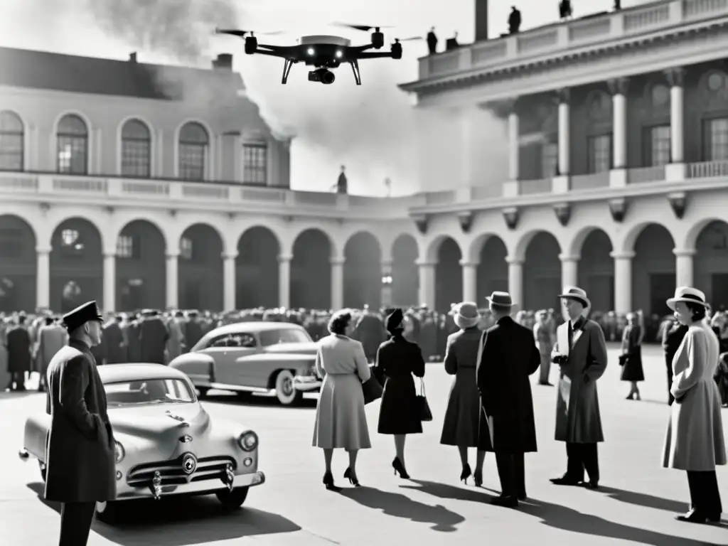 Un grupo de personas en una plaza de la ciudad de los años 50, con un dron futurista en el fondo