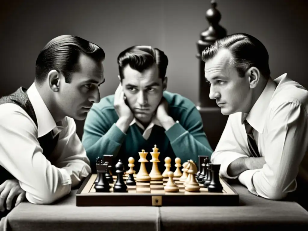 Un grupo de personas serias en atuendo de los años 50 concentradas en un tablero de ajedrez, reflejando la intensidad y elegancia del juego