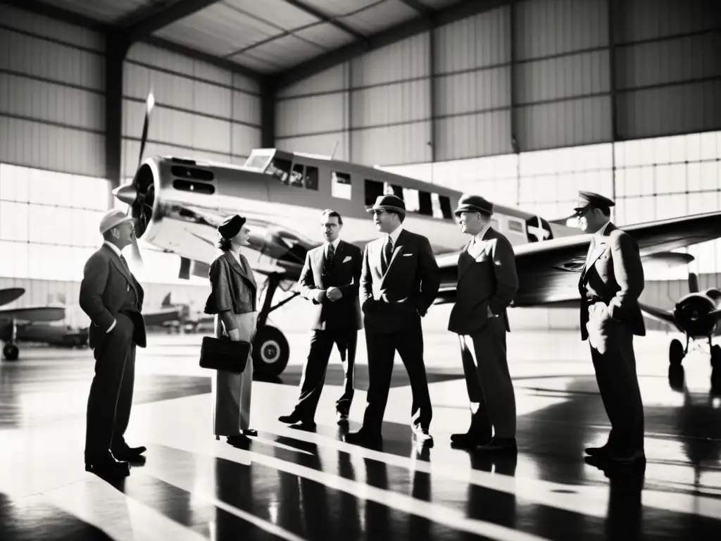 Un grupo de pioneros de la aviación y ingenieros reunidos alrededor de un avión histórico en un hangar iluminado por el sol