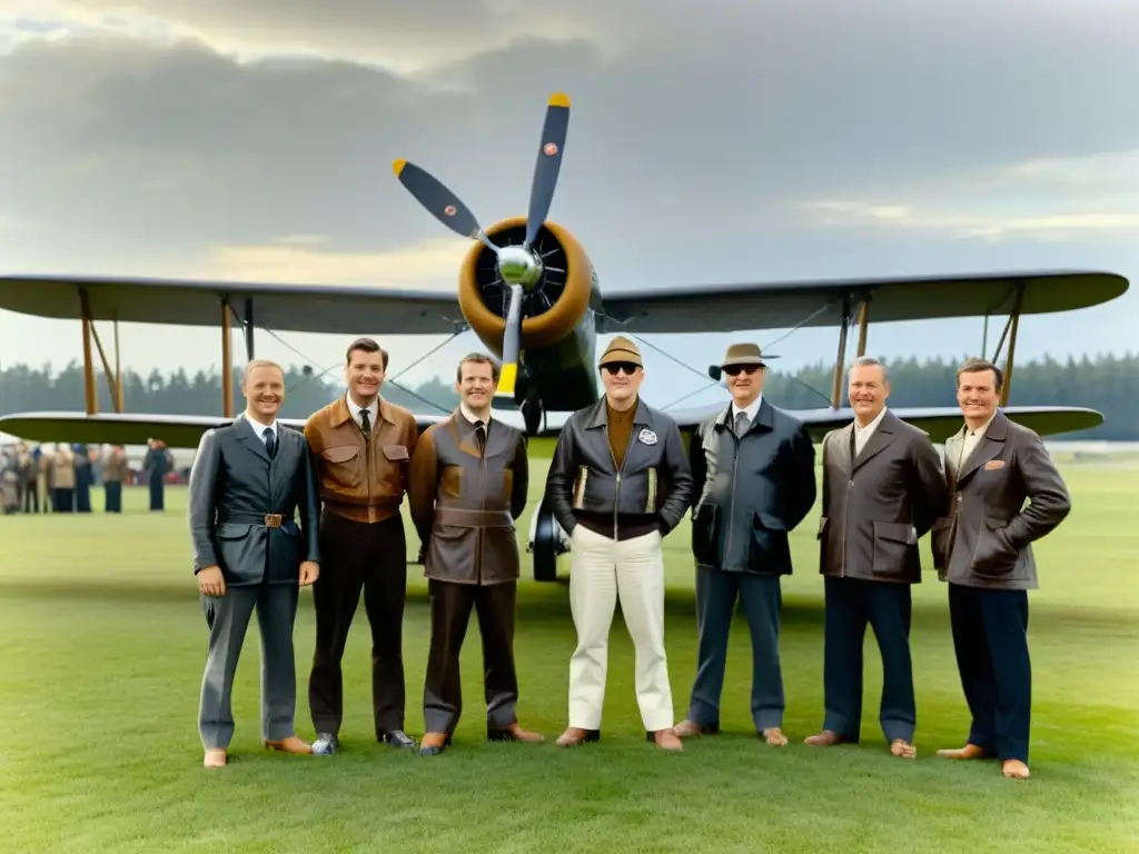 Grupo de pioneros de la aviación historia posan junto a sus aviones de madera y tela en un campo, mientras la multitud observa maravillada