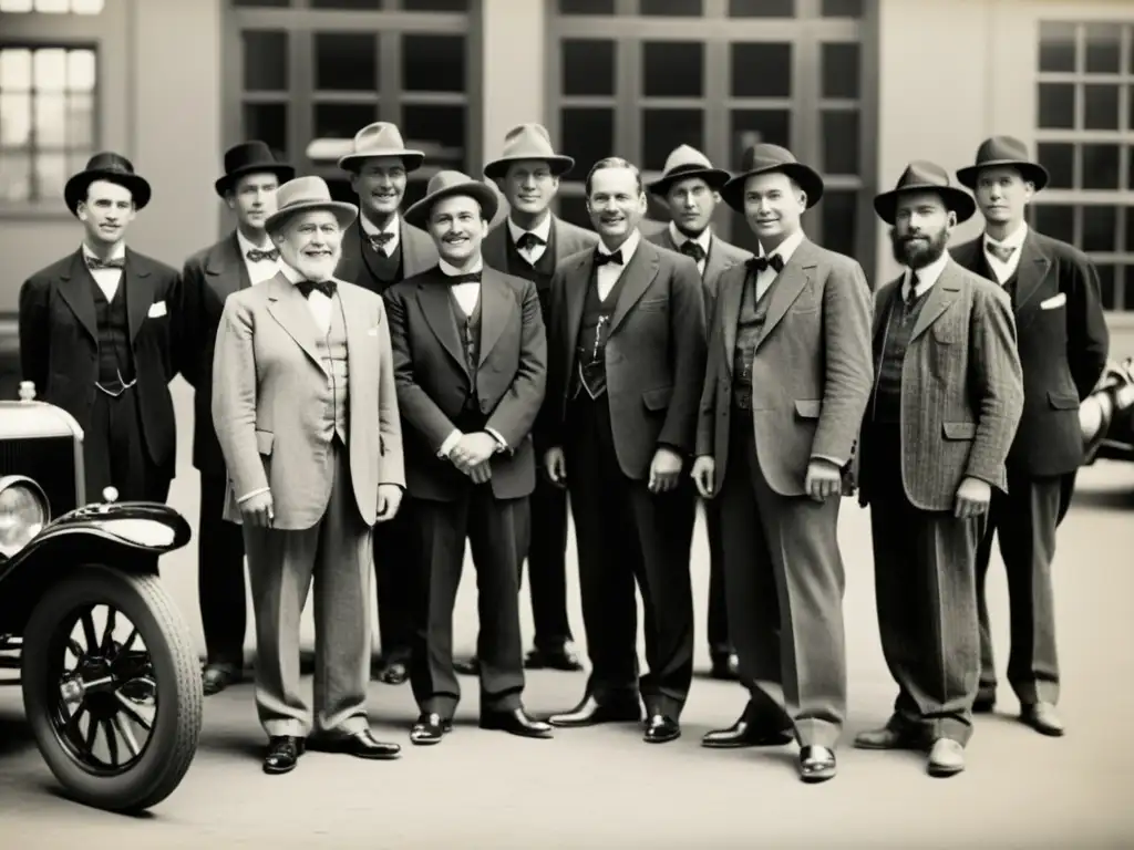 Grupo de pioneros de la historia automoción eléctrica posan orgullosos frente a talleres llenos de prototipos de coches eléctricos