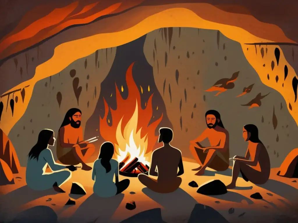 Grupo prehistórico reunido alrededor del fuego en una cueva, resaltando la importancia del fuego en prehistoria