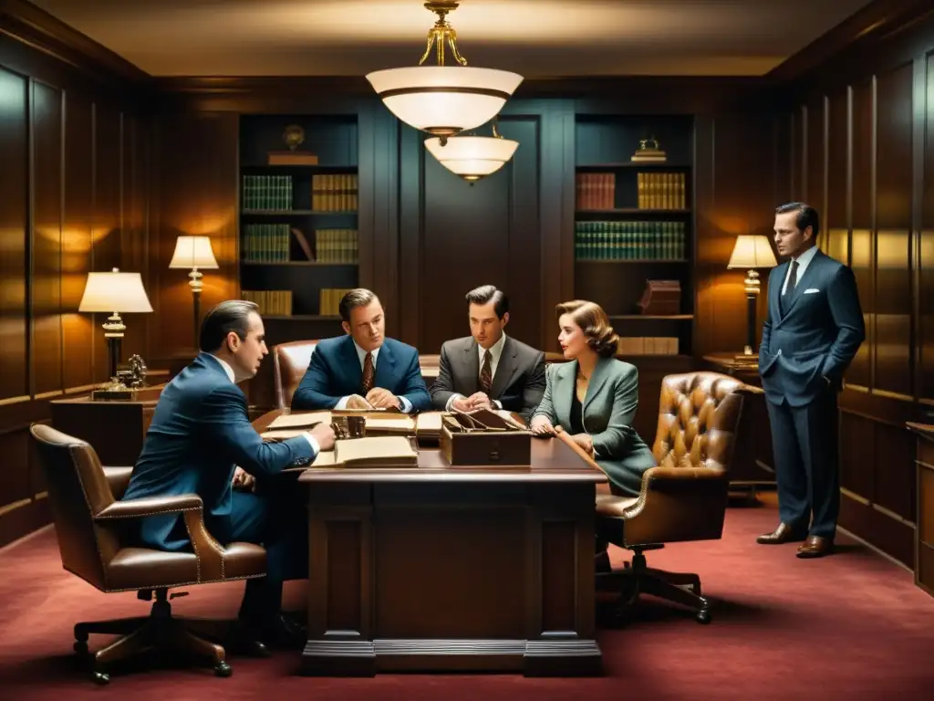 Un grupo de profesionales financieros analiza datos y discute transacciones sospechosas en una oficina con paneles de madera y mobiliario antiguo