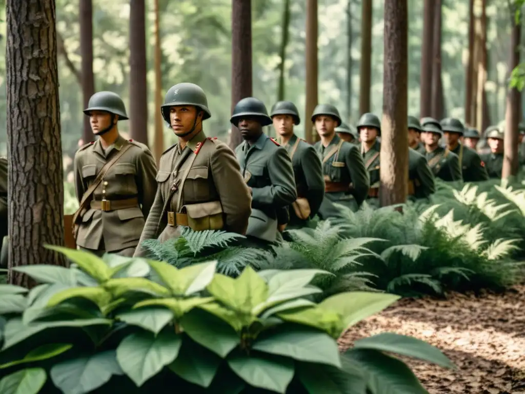 Un grupo de soldados en uniformes de camuflaje se ocultan estratégicamente en un bosque, demostrando técnicas de camuflaje militar