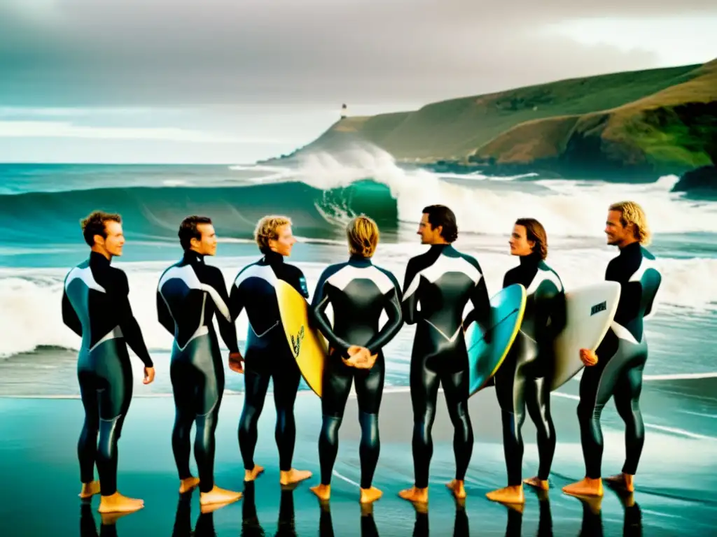 Un grupo de surfistas con trajes de neopreno vintage discuten estrategia en una costa agreste, evocando la transformación de los deportes acuáticos