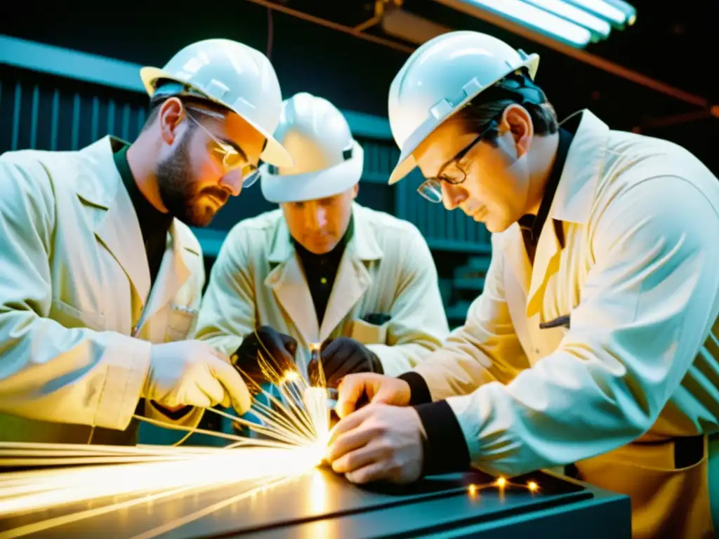 Grupo de técnicos en instalación de fibra óptica, trabajando con cuidado bajo cálidas luces, capturando la esencia de la revolución de la fibra óptica