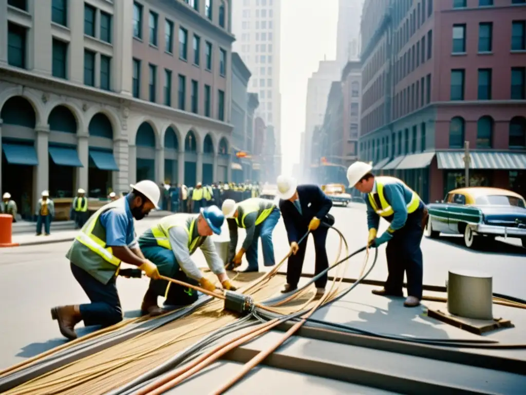 Un grupo de técnicos y ingenieros conectando cables de fibra óptica en un entorno urbano, evocando la revolución de la fibra óptica