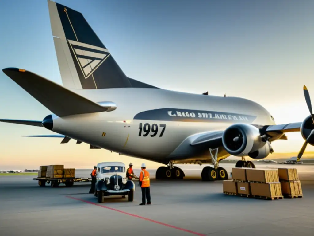 Un grupo de trabajadores de los años 40 frente a un avión de carga gigante, destacando la historia de los aviones de carga gigantes