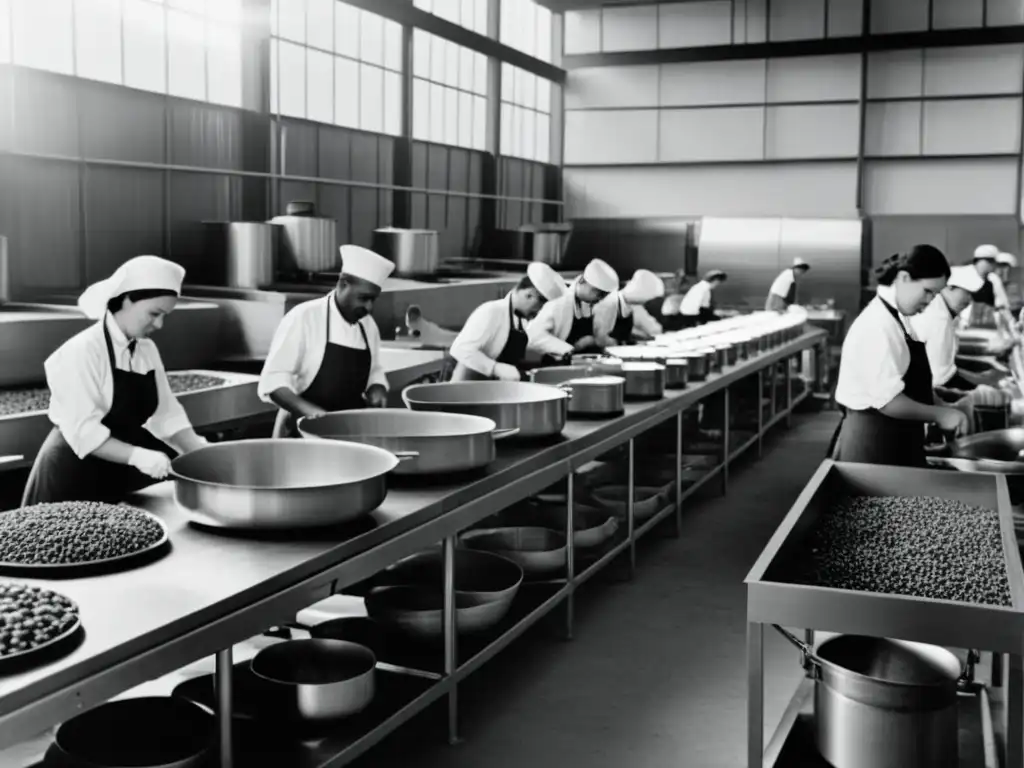 Un grupo de trabajadores en una bulliciosa cocina industrial de la era industrial, realizando tareas relacionadas con la cocina solar