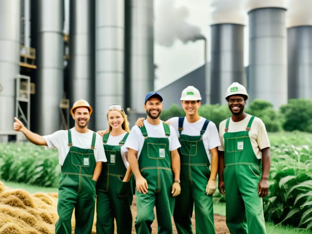 Un grupo de trabajadores sonríe y da pulgares arriba en una antigua planta de biomasa, rodeada de exuberante vegetación