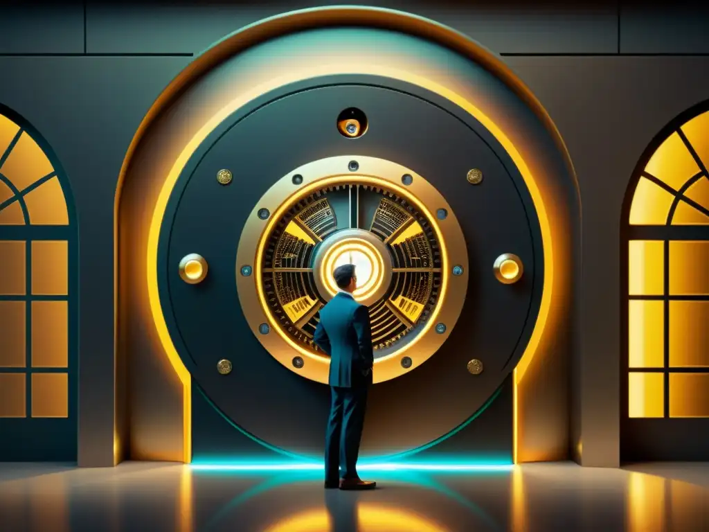 Un guardián de IA sofisticado protege una bóveda bancaria digital en un entorno vintage, infundiendo una sensación de confianza atemporal