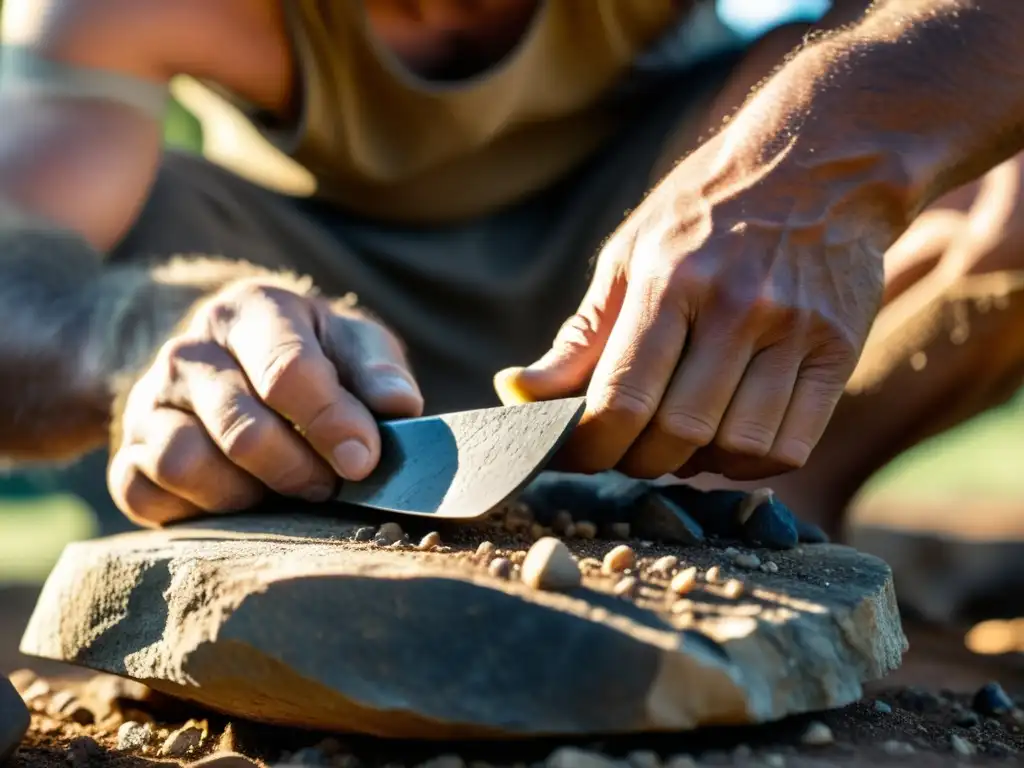 Un hábil artesano de la Edad de Piedra concentradamente cincela una herramienta de piedra