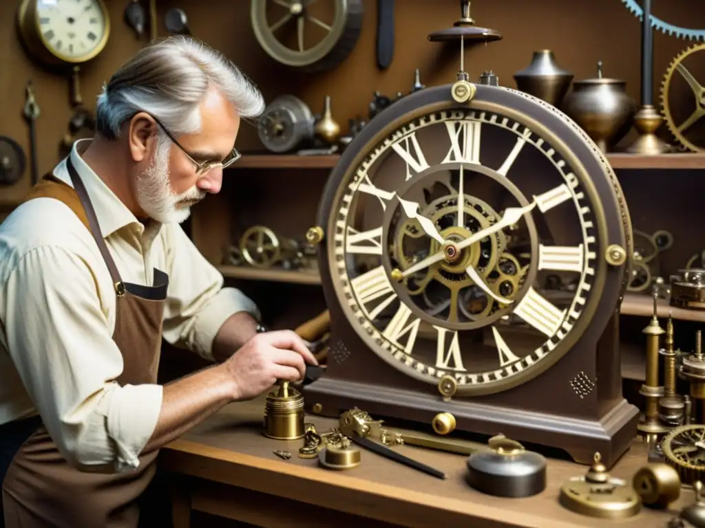 Un hábil artesano trabaja meticulosamente en la elaboración de un reloj mecánico histórico en un taller tenue