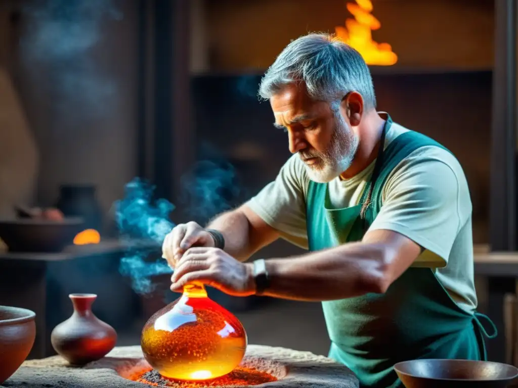 Un hábil artesano romano moldea con cuidado un frágil recipiente de vidrio mientras el horno irradia tonos naranjas y rojos