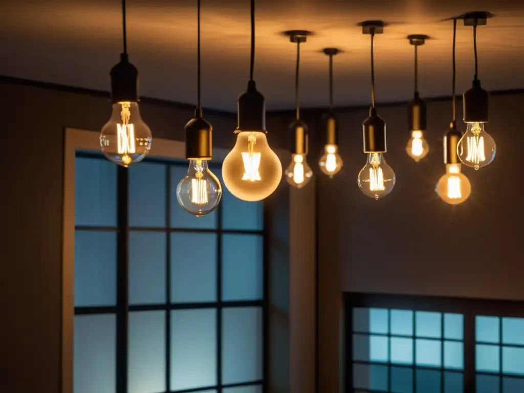 Una fotografía vintage de una habitación tenue iluminada por bombillas LED, creando un ambiente cálido y acogedor