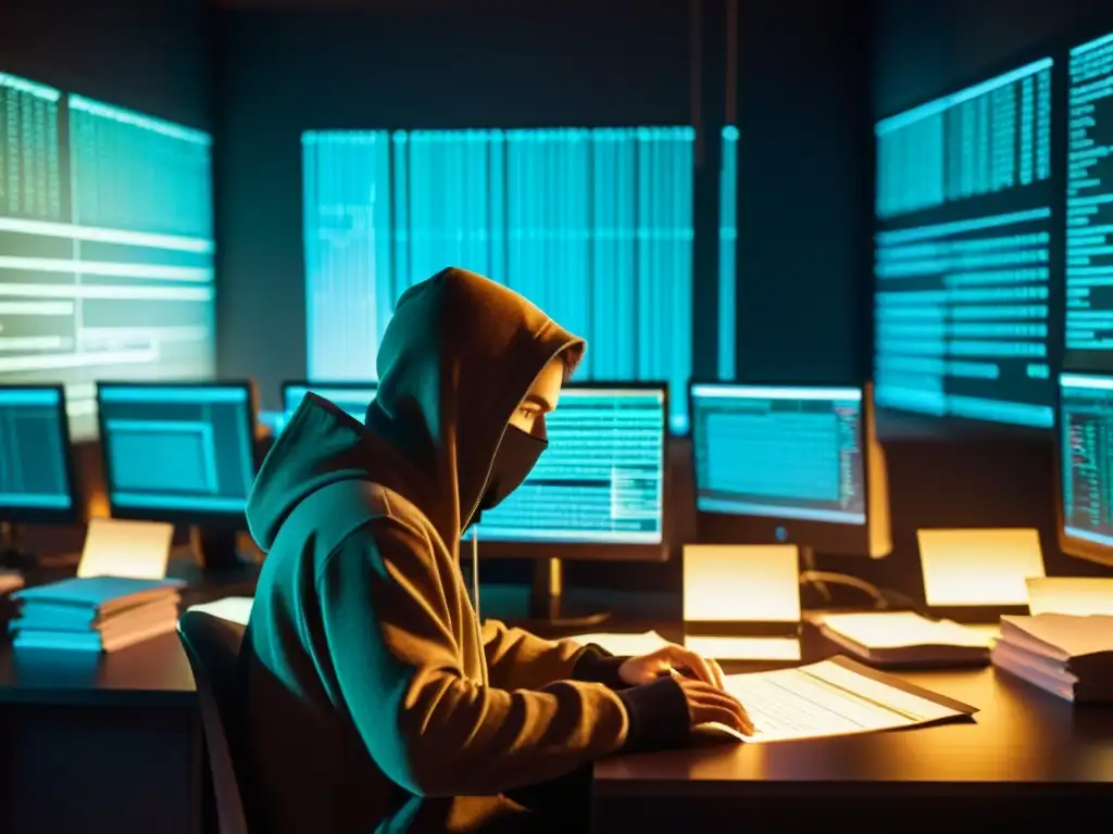 Un hacker en una habitación oscura, rodeado de pantallas y documentos, crea un ambiente tenso y misterioso