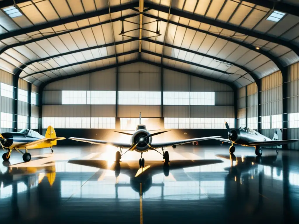 Un hangar histórico con aviones vintage alineados, iluminado por la luz natural