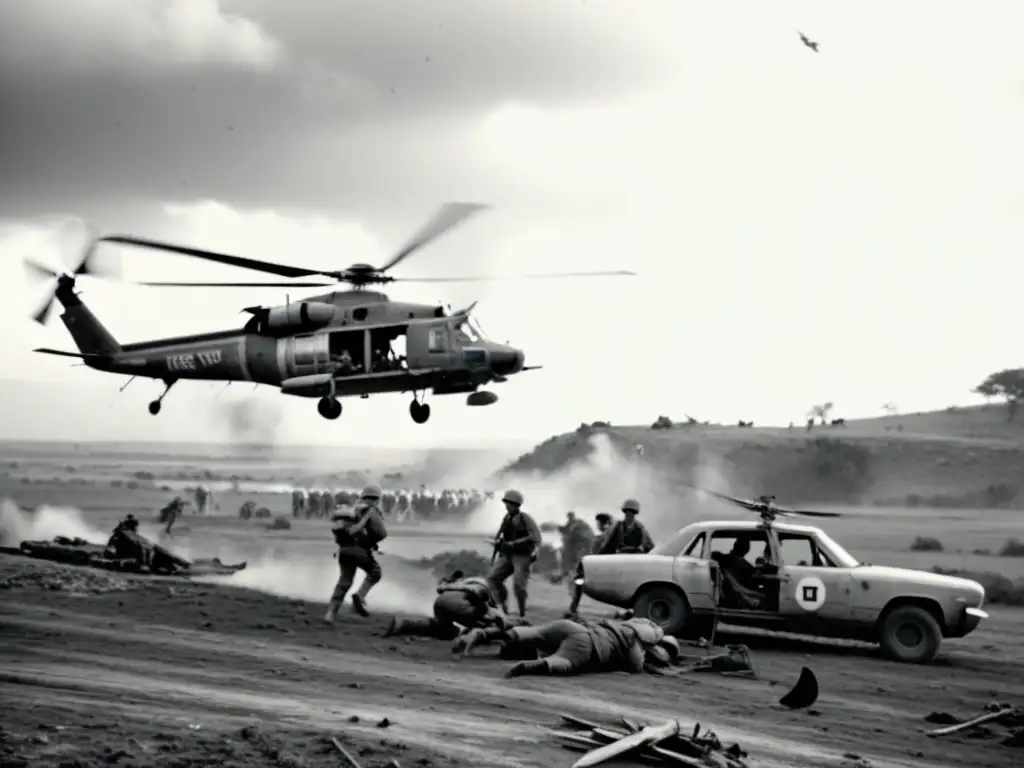 Un helicóptero vintage en una misión de rescate en un paisaje de guerra, capturando el impacto histórico del helicóptero