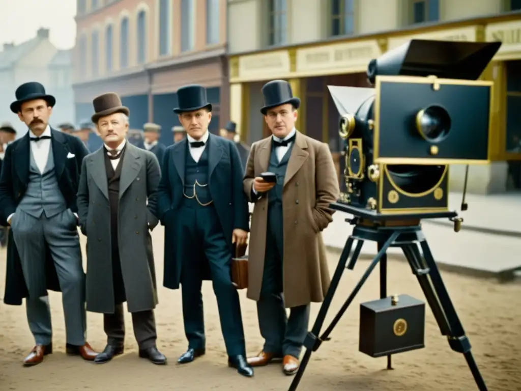 Los hermanos Lumière supervisan la filmación en su antigua cámara, evocando la evolución del cine desde la antigüedad