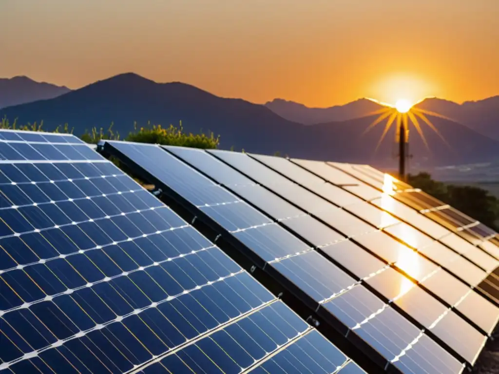 Un hermoso atardecer ilumina una instalación vintage de paneles solares, resaltando la eficiencia y la nanotecnología