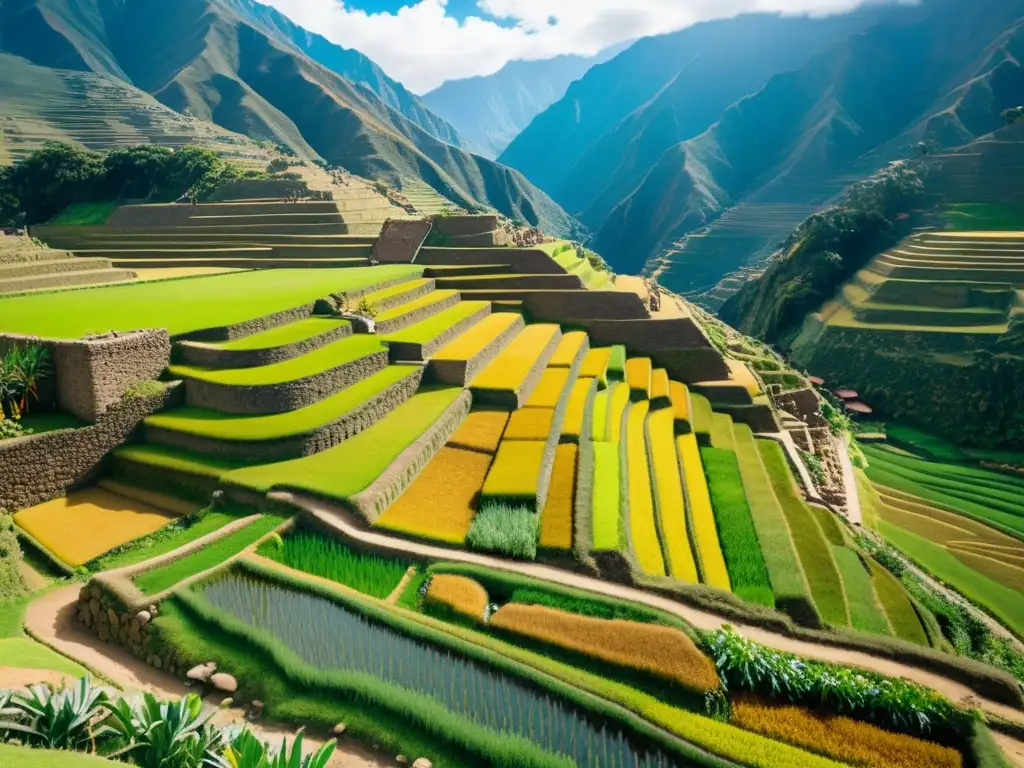 Herramientas agrícolas revolucionarias Incas: Imagen detallada en 8k de terrazas incas, agricultura innovadora y montañas imponentes