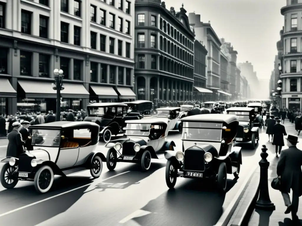 Historia de la evolución de vehículos eléctricos en la ciudad: coches antiguos y carros de caballos en una calle bulliciosa en blanco y negro