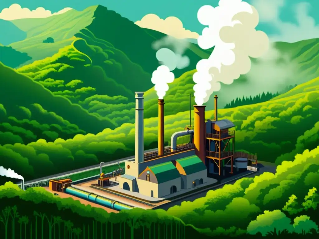 Ilustración vintage de una histórica planta de energía geotérmica en paisaje montañoso