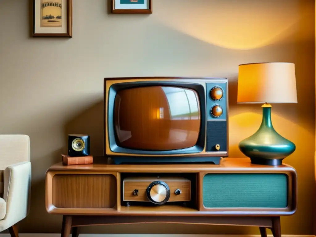 Un hogar vintage con toques modernos, muestra un asistente virtual en una TV retro rodeada de decoración clásica