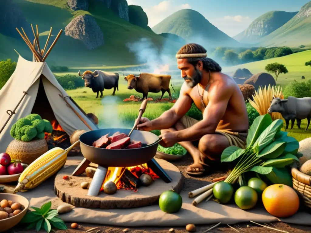 Un hombre prehistórico innovando en la cocina con métodos primitivos y alimentos naturales