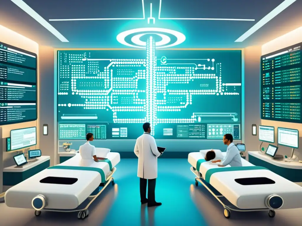 Un hospital futurista conectado por blockchain muestra aplicaciones del blockchain en salud, con un toque vintage cálido y evocador