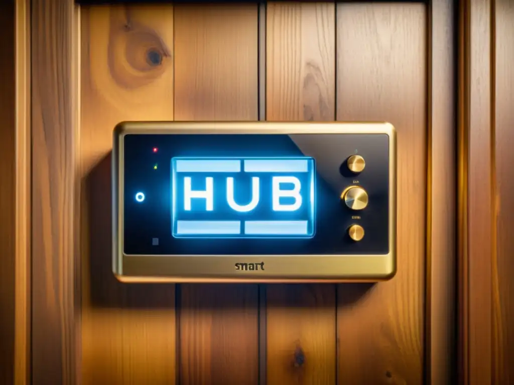 Un hub central de hogar inteligente vintage con integración domótica en hubs centrales, iluminación cálida y dispositivos retro