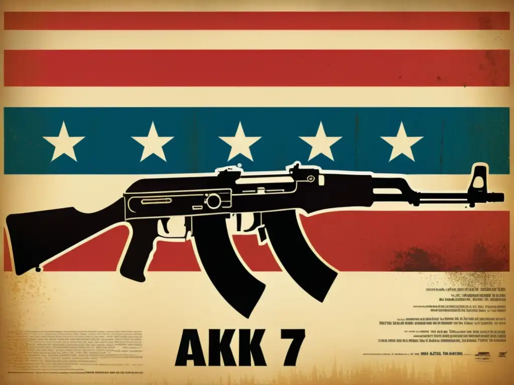 Un icónico póster vintage del AK47, con detalles ultrarrealistas y colores ricos que evocan su origen y evolución