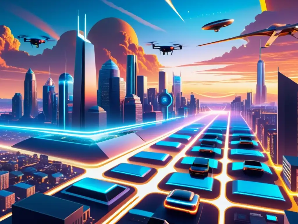 Una ilustración antigua de una ciudad futurista llena de rascacielos elegantes, vehículos autónomos y drones