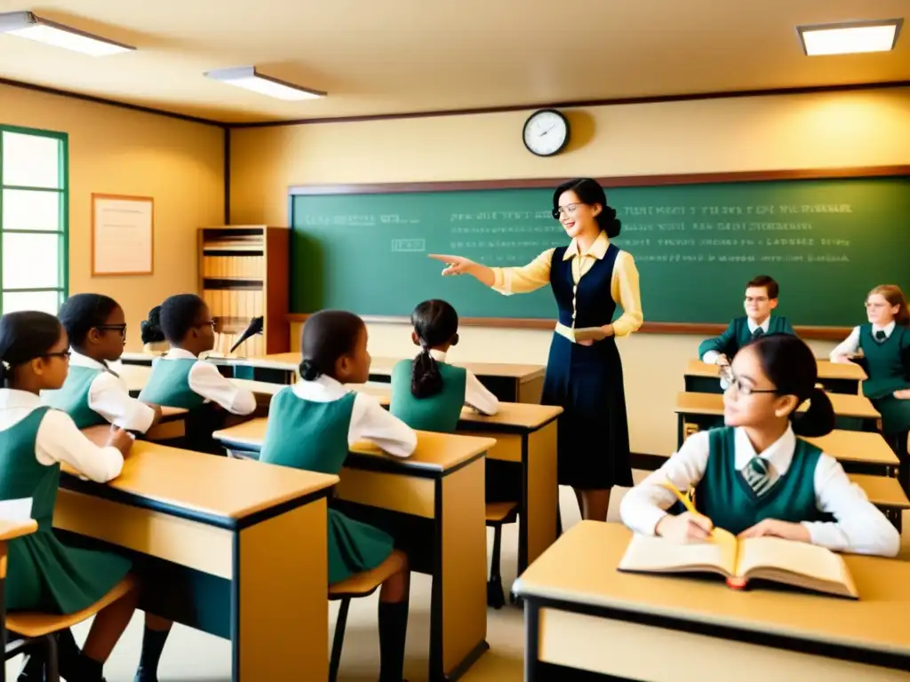 Una ilustración vintage de un aula bulliciosa, con estudiantes comprometidos en actividades de aprendizaje interactivo, un profesor experto liderando la discusión, y una atmósfera cálida que fomenta el aprendizaje colaborativo y el crecimiento académico