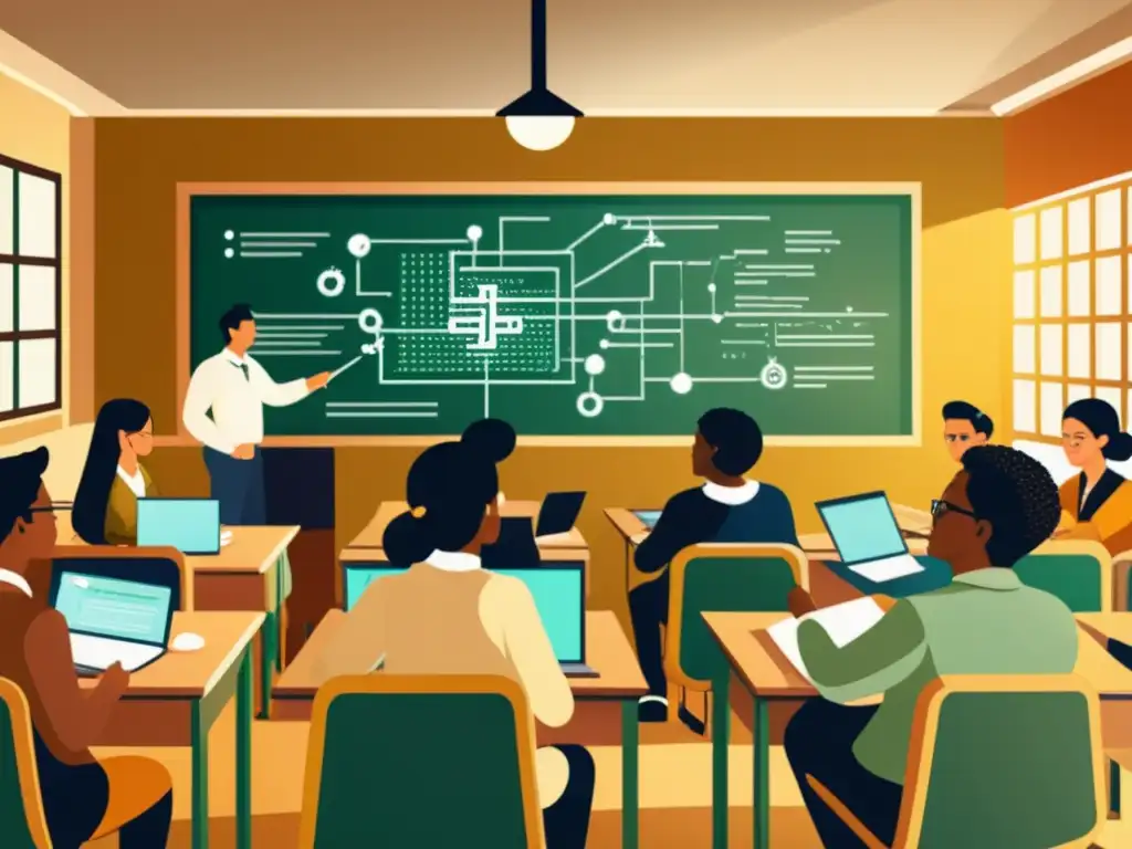 Una ilustración vintage de un aula con complejos algoritmos de blockchain en la pizarra