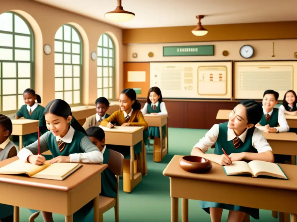 Una ilustración vintage de un aula con estudiantes inmersos en actividades educativas, rodeados de herramientas educativas e inventos históricos