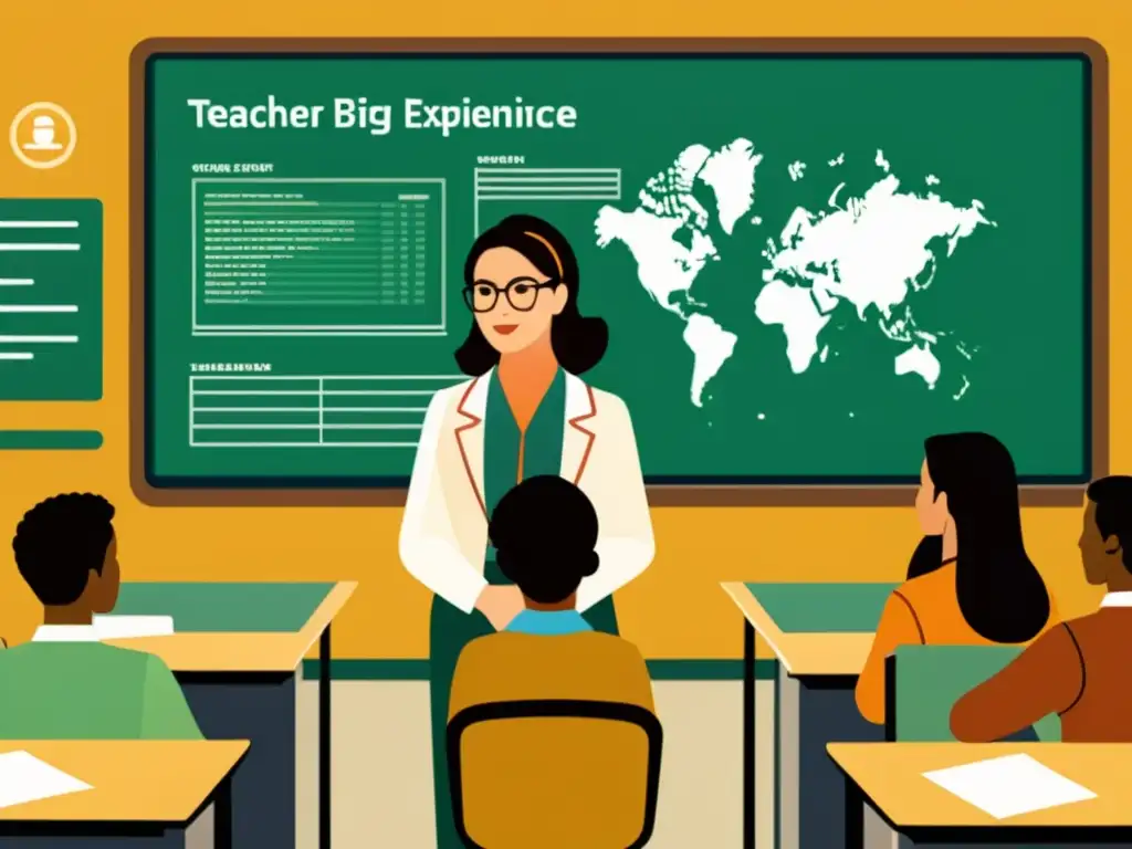 Una ilustración vintage de un aula con un maestro usando Big Data para el aprendizaje individualizado