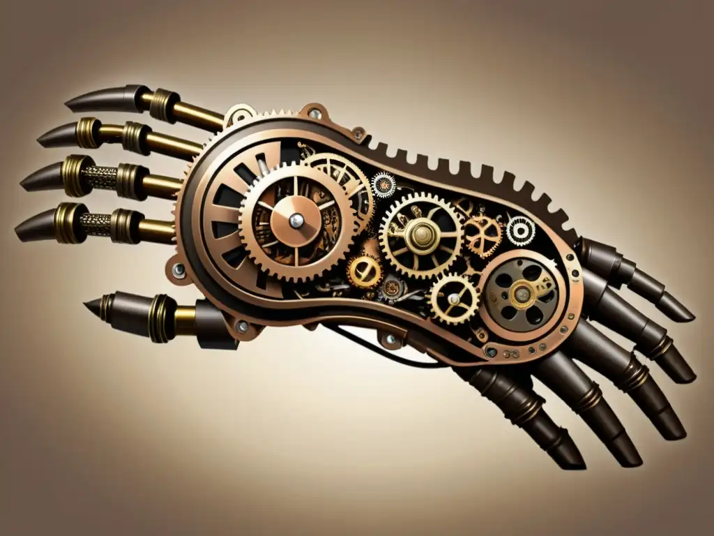 Una ilustración vintage de un brazo biónico detallado con engranajes, cables y componentes mecánicos en estilo steampunk