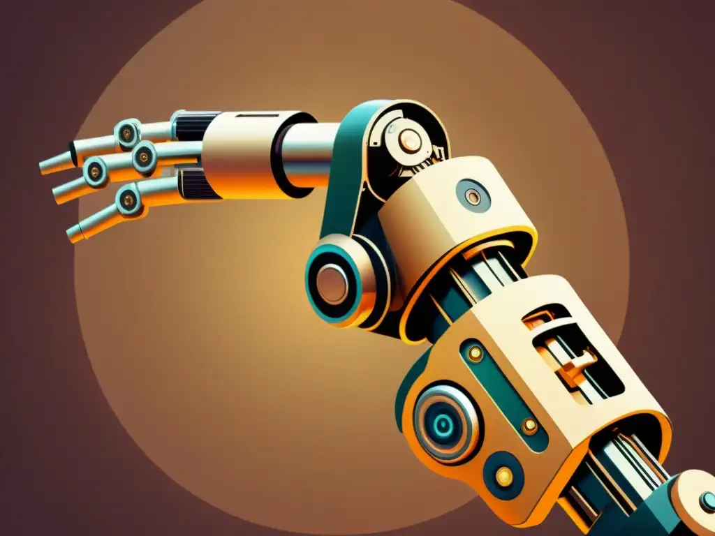 Una ilustración vintage de un brazo robótico integrándose con un sistema de inteligencia artificial