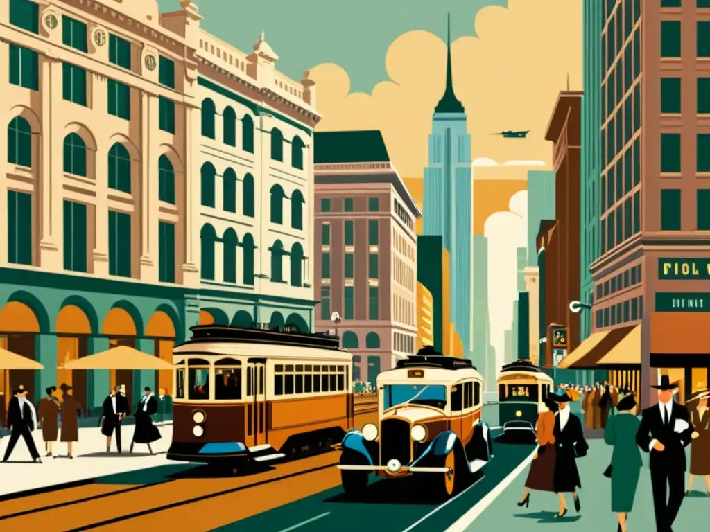 Una ilustración vintage de un bullicioso distrito financiero con edificios históricos, autos antiguos y tranvías