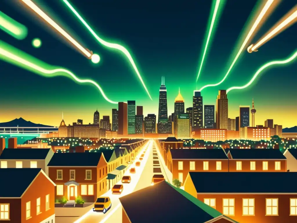 Una ilustración vintage de un bullicioso horizonte de ciudad nocturno, con luces eléctricas iluminando los edificios y calles