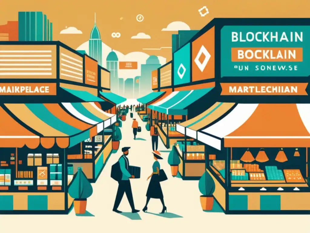 Una ilustración vintage de un bullicioso mercado, donde la gente intercambia bienes y servicios usando la tecnología blockchain