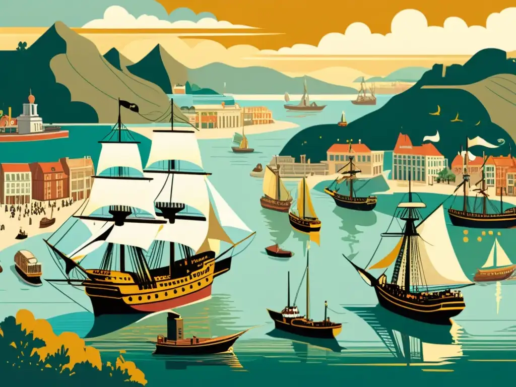 Una ilustración vintage de un bullicioso puerto, con barcos altos atracados y marineros navegando el animado paseo marítimo