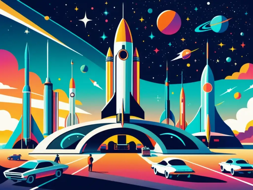 Una ilustración vintage de un bullicioso puerto espacial con cohetes futuristas listos para el lanzamiento, evocando emoción e innovación en el campo de las startups tecnológicas financiamiento capital riesgo