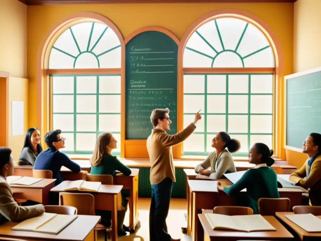 Una ilustración vintage de un bullicioso salón de clases con estudiantes entusiastas y un instructor apasionado, bañado en cálida luz dorada