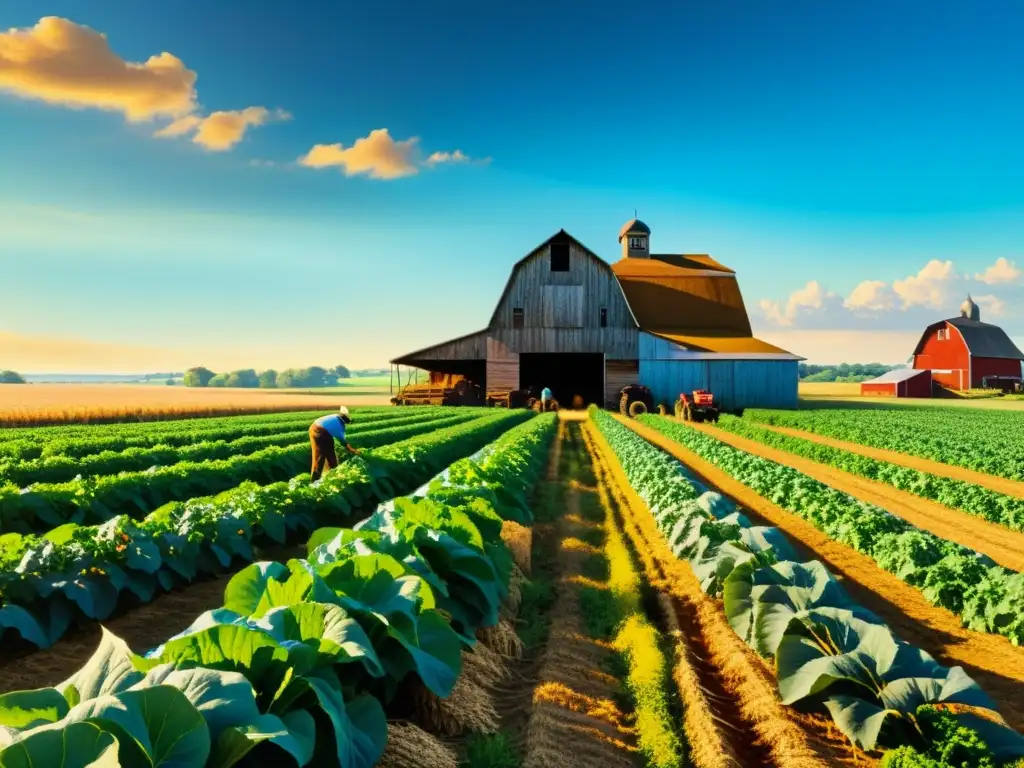 Una ilustración de un campo agrícola exuberante con trabajadores y un granero rústico al fondo