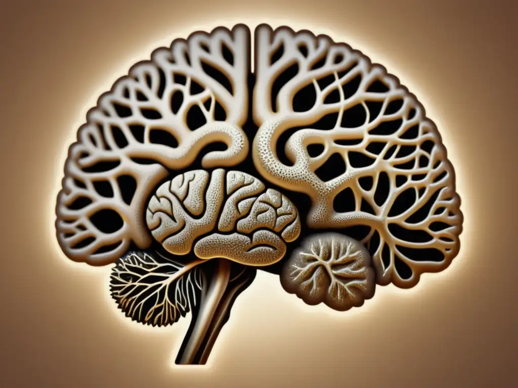 Una ilustración vintage de un cerebro humano formado por redes neuronales entrelazadas, en tonos sepia cálidos, con detalles intrincados que muestran la complejidad de las vías neuronales y sinapsis