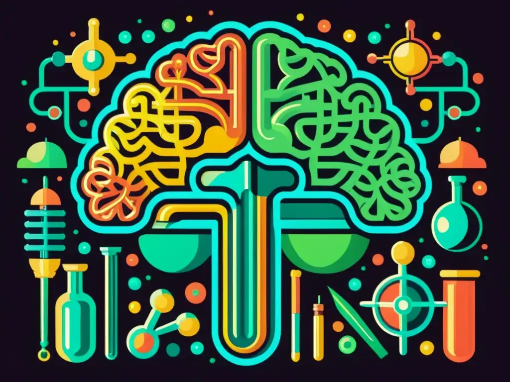 Una ilustración vintage de un cerebro humano con intrincadas redes neuronales en colores vibrantes, rodeado de instrumentos científicos antiguos