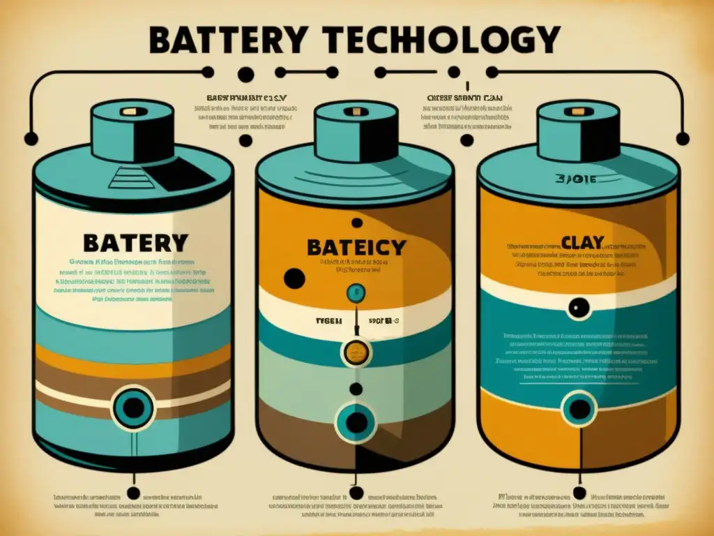 Una ilustración detallada y antigua de la evolución de la tecnología de baterías a lo largo de la historia, con diagramas minuciosos y anotaciones manuscritas en tonos sepia