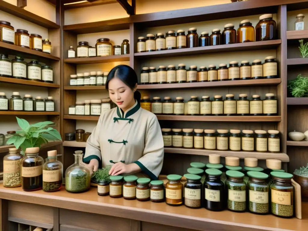 Una ilustración detallada de una antigua tienda de hierbas medicinales chinas, con un herborista sabio preparando elixires